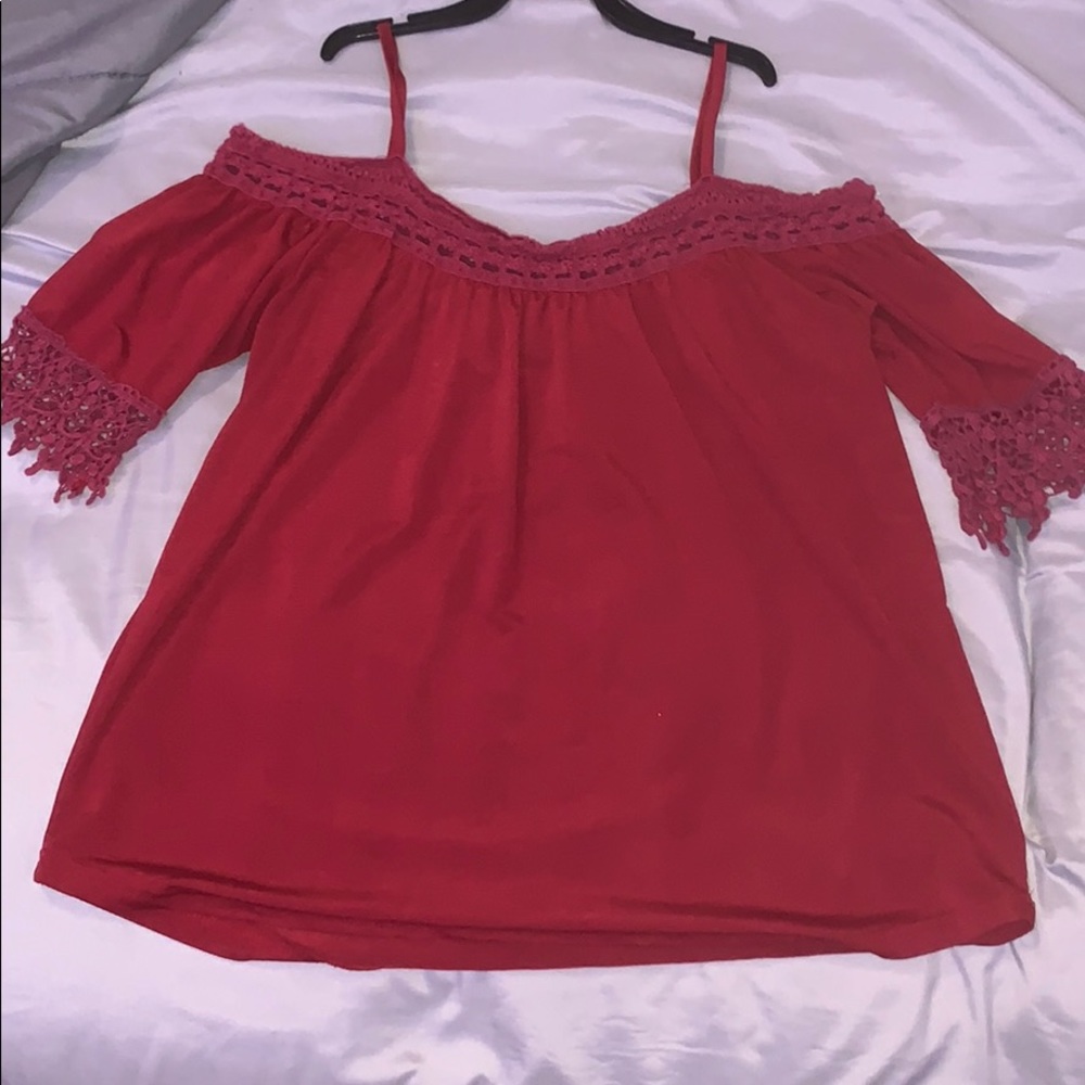 Red shirt off the shoulder
